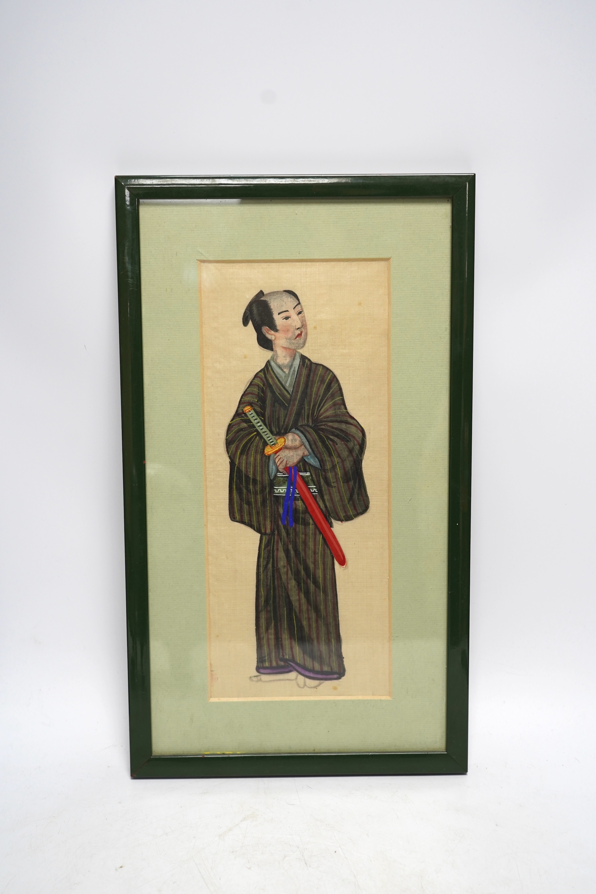 Oriental items to include a cylindrical blue and white vase with associated hardwood stand, a Japanese watercolour painting on silk together with a Japanese bamboo page turner